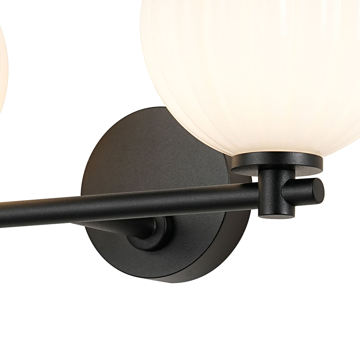 Tenterden Short Twin Arm IP44 Wall Light in Satin Black with Segment Round Opal Glass Diffusers