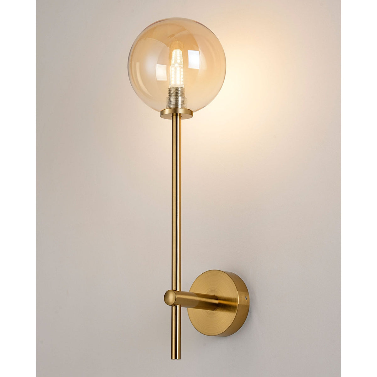Tenterden Tall Arm IP44 Wall Light in Brass Gold with Smooth Round Amber Glass Diffuser