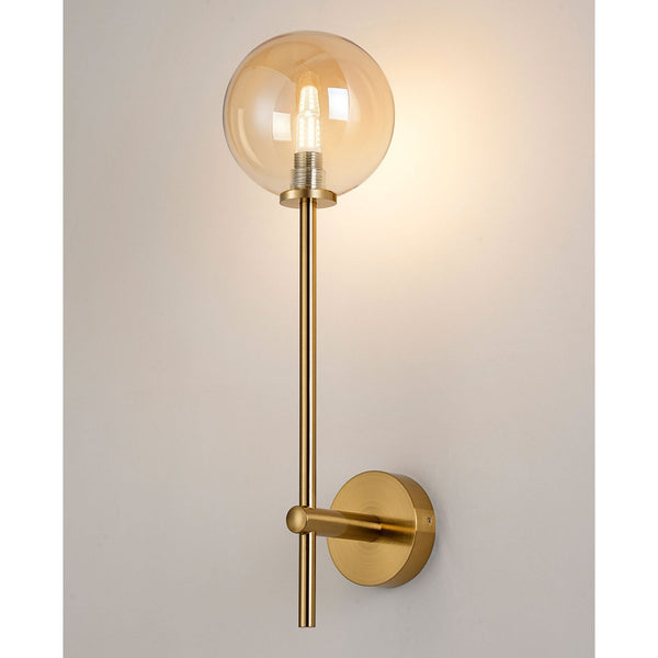 Tenterden Tall Arm IP44 Wall Light in Brass Gold with Smooth Round Amber Glass Diffuser