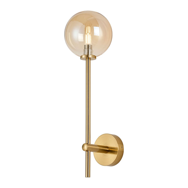Tenterden Tall Arm IP44 Wall Light in Brass Gold with Smooth Round Amber Glass Diffuser