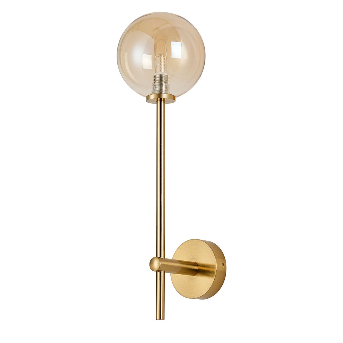 Tenterden Tall Arm IP44 Wall Light in Brass Gold with Smooth Round Amber Glass Diffuser