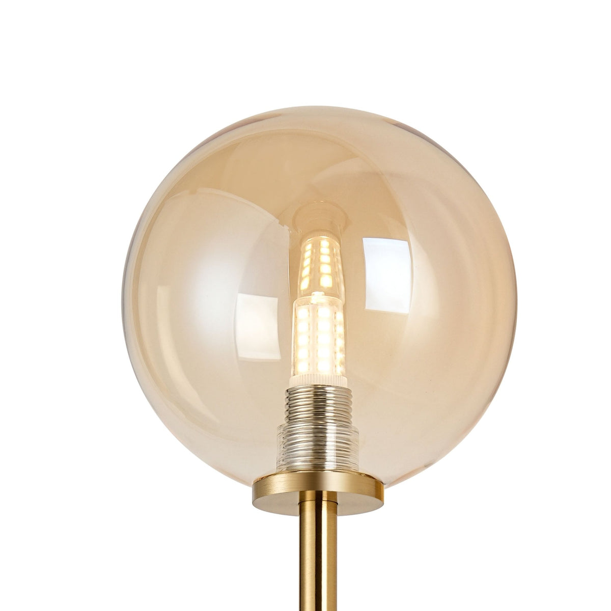 Tenterden Tall Arm IP44 Wall Light in Brass Gold with Smooth Round Amber Glass Diffuser