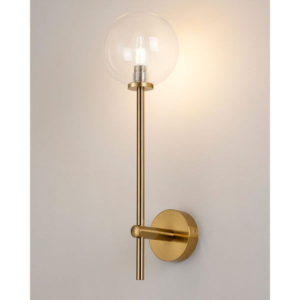 Tenterden Tall Arm IP44 Wall Light in Brass Gold with Smooth Round Clear Glass Diffuser