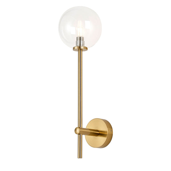 Tenterden Tall Arm IP44 Wall Light in Brass Gold with Smooth Round Clear Glass Diffuser