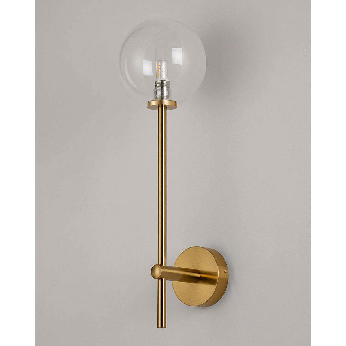 Tenterden Tall Arm IP44 Wall Light in Brass Gold with Smooth Round Clear Glass Diffuser