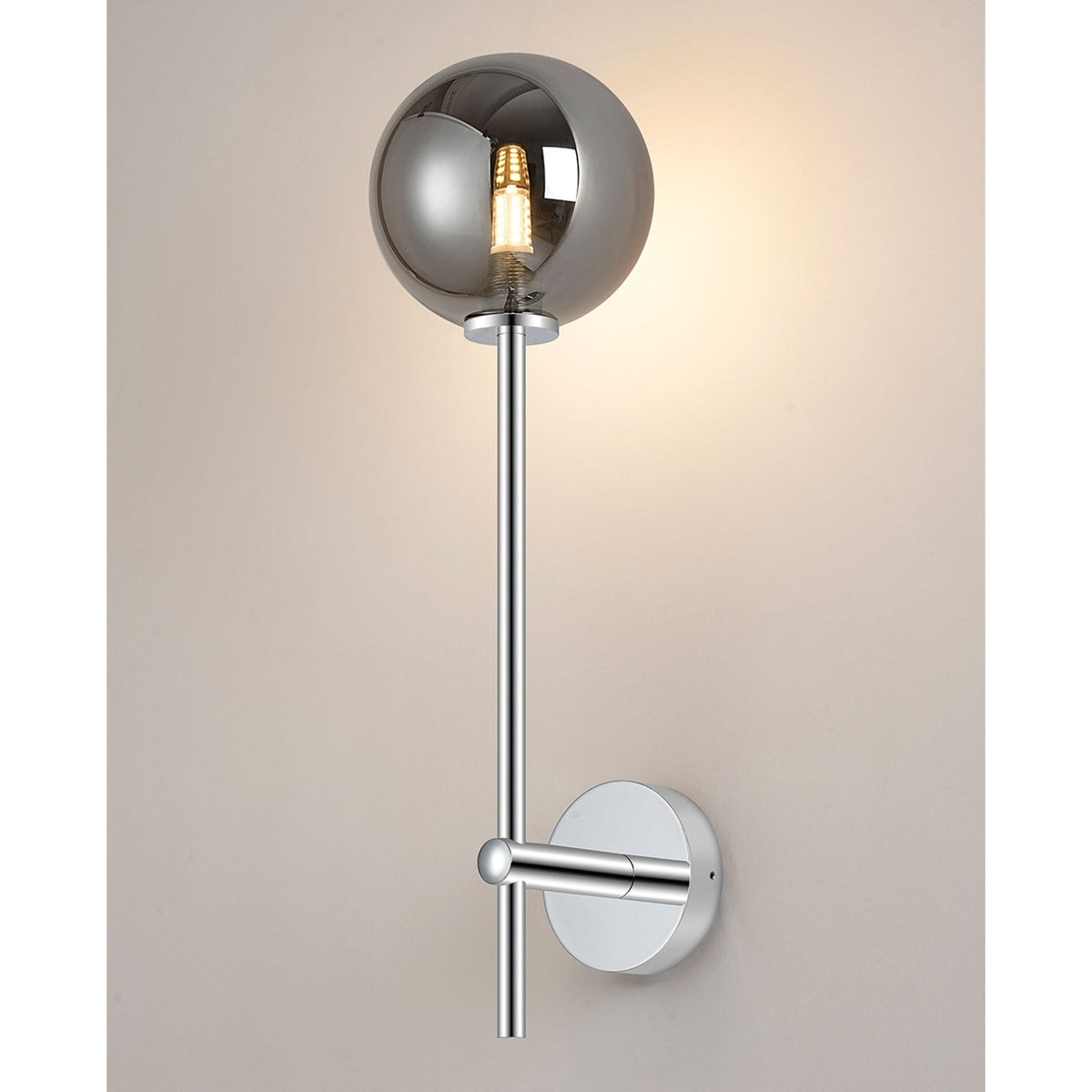 Tenterden Tall Arm IP44 Wall Light in Chrome with Smooth Round Smoke Glass Diffuser