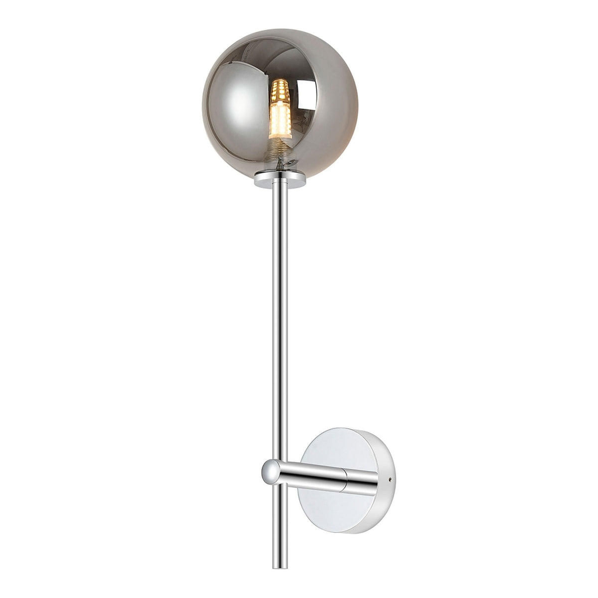 Tenterden Tall Arm IP44 Wall Light in Chrome with Smooth Round Smoke Glass Diffuser