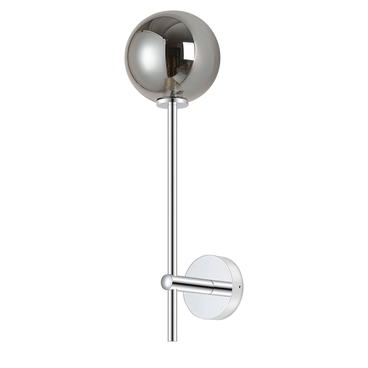 Tenterden Tall Arm IP44 Wall Light in Chrome with Smooth Round Smoke Glass Diffuser