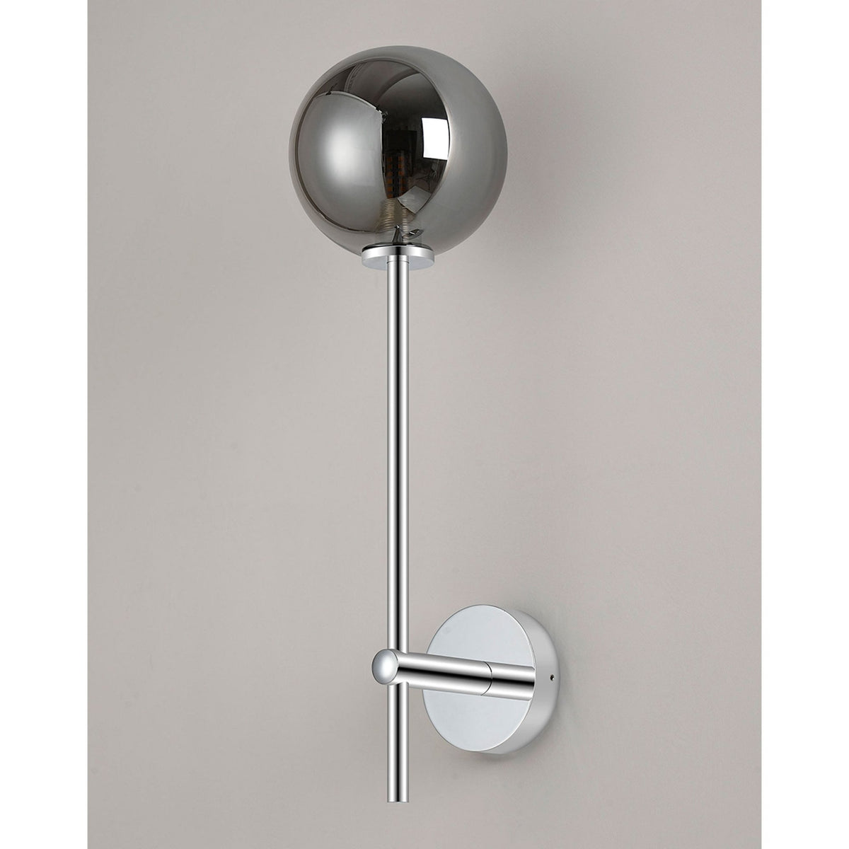 Tenterden Tall Arm IP44 Wall Light in Chrome with Smooth Round Smoke Glass Diffuser