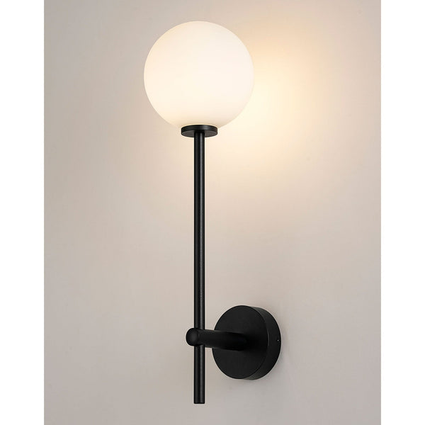 Tenterden Tall Arm IP44 Wall Light in Satin Black with Smooth Round Opal Glass Diffuser