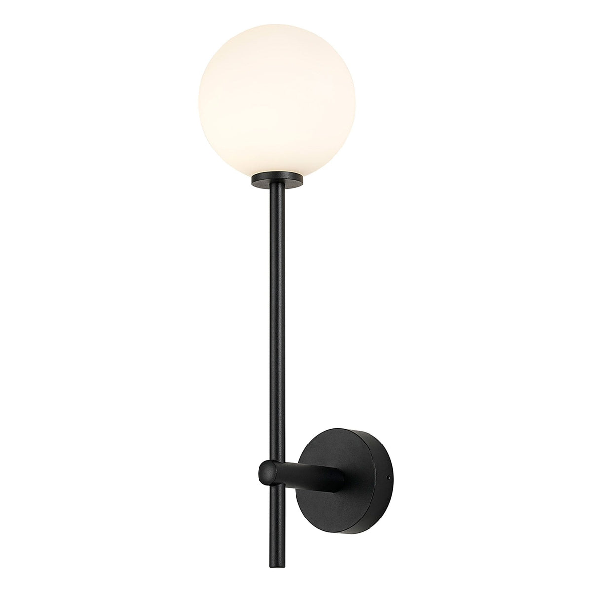 Tenterden Tall Arm IP44 Wall Light in Satin Black with Smooth Round Opal Glass Diffuser