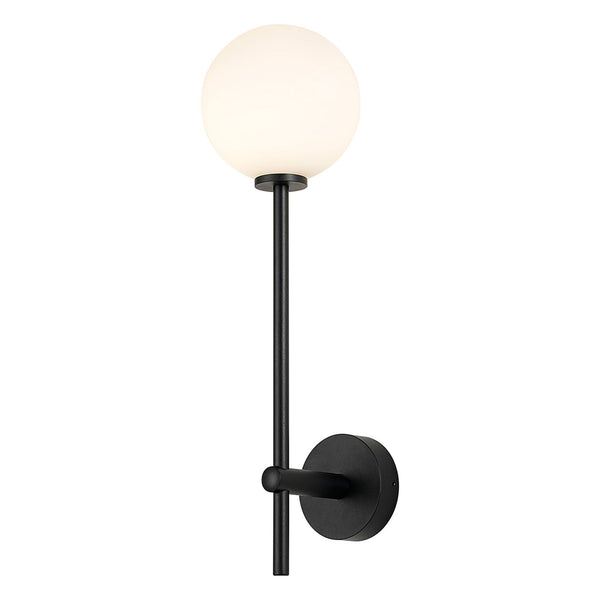 Tenterden Tall Arm IP44 Wall Light in Satin Black with Smooth Round Opal Glass Diffuser