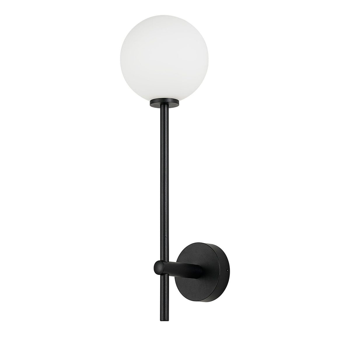 Tenterden Tall Arm IP44 Wall Light in Satin Black with Smooth Round Opal Glass Diffuser
