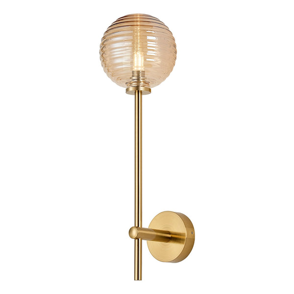 Tenterden Tall Arm IP44 Wall Light in Brass Gold with Ribbed Round Amber Glass Diffuser