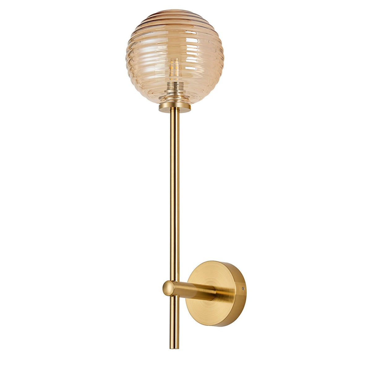 Tenterden Tall Arm IP44 Wall Light in Brass Gold with Ribbed Round Amber Glass Diffuser