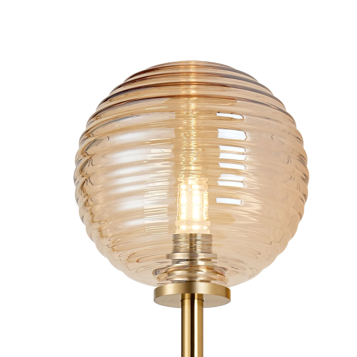 Tenterden Tall Arm IP44 Wall Light in Brass Gold with Ribbed Round Amber Glass Diffuser