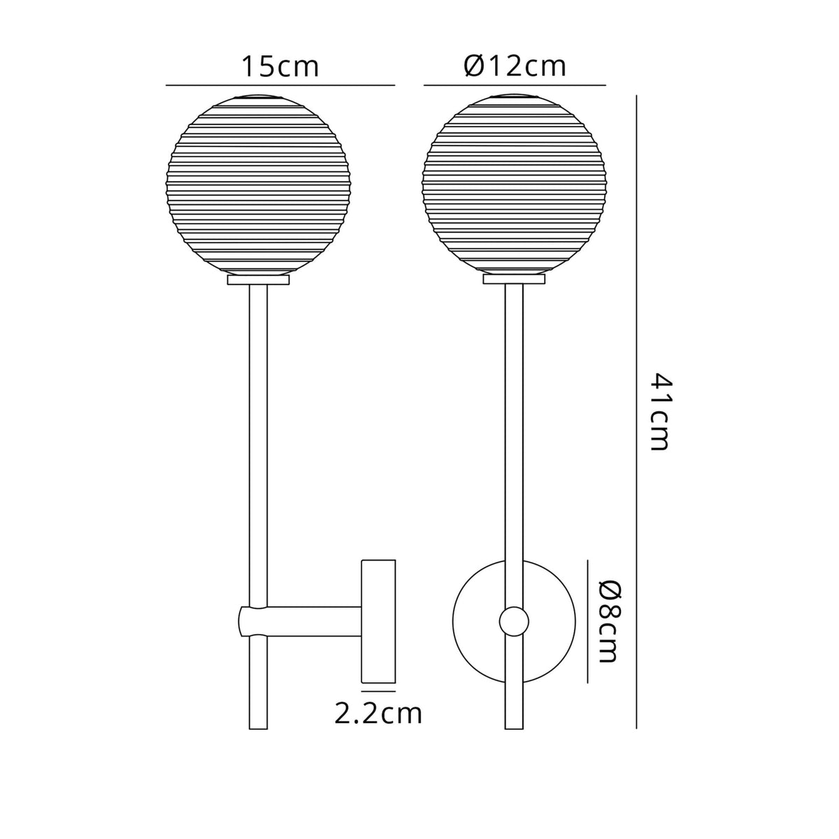 Tenterden Tall Arm IP44 Wall Light in Brass Gold with Ribbed Round Amber Glass Diffuser