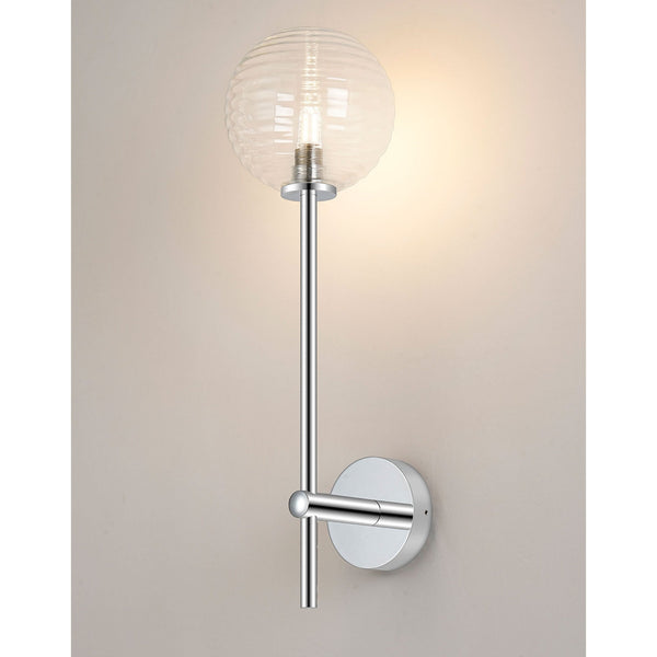 Tenterden Tall Arm IP44 Wall Light in Chrome with Ribbed Round Clear Glass Diffuser