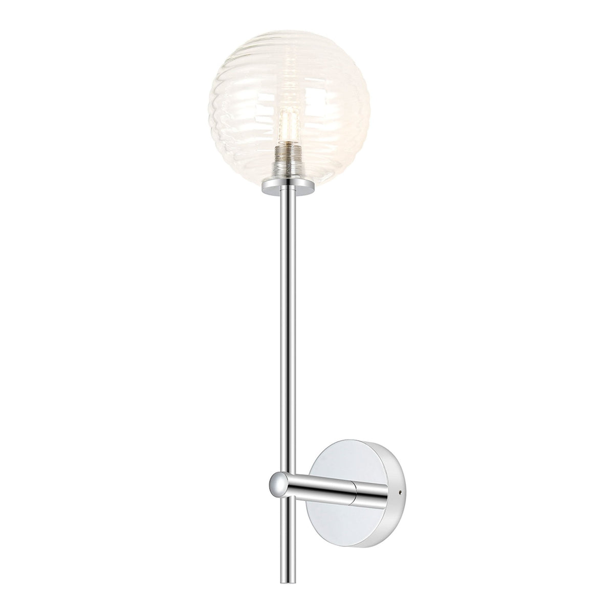 Tenterden Tall Arm IP44 Wall Light in Chrome with Ribbed Round Clear Glass Diffuser