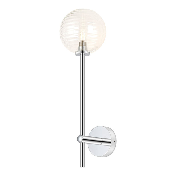 Tenterden Tall Arm IP44 Wall Light in Chrome with Ribbed Round Clear Glass Diffuser