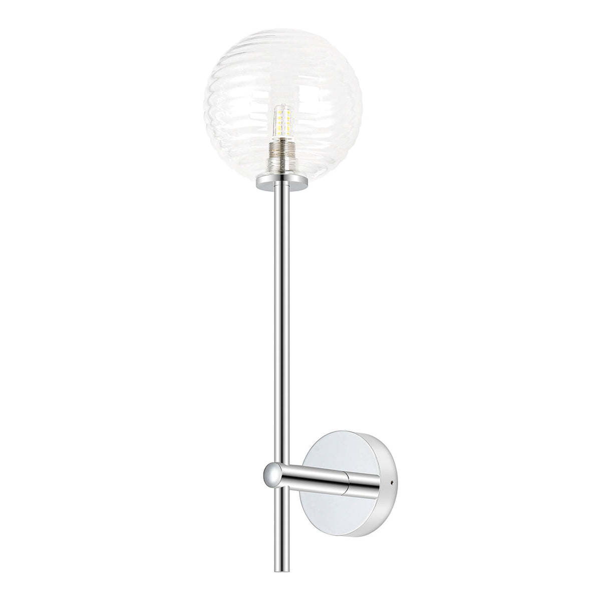Tenterden Tall Arm IP44 Wall Light in Chrome with Ribbed Round Clear Glass Diffuser
