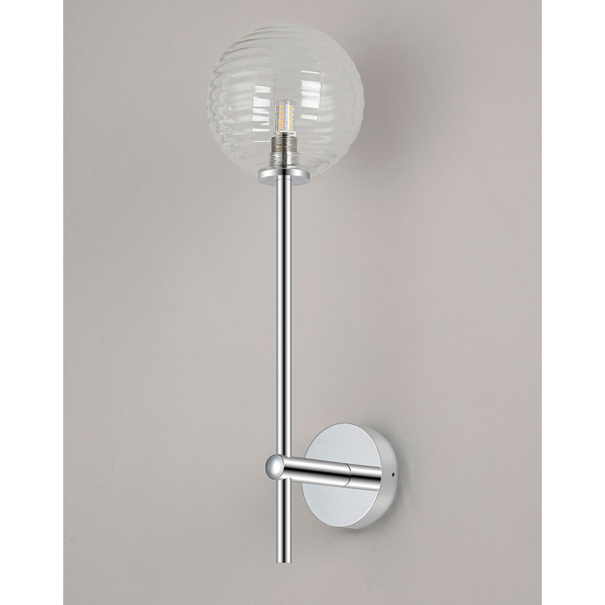 Tenterden Tall Arm IP44 Wall Light in Chrome with Ribbed Round Clear Glass Diffuser