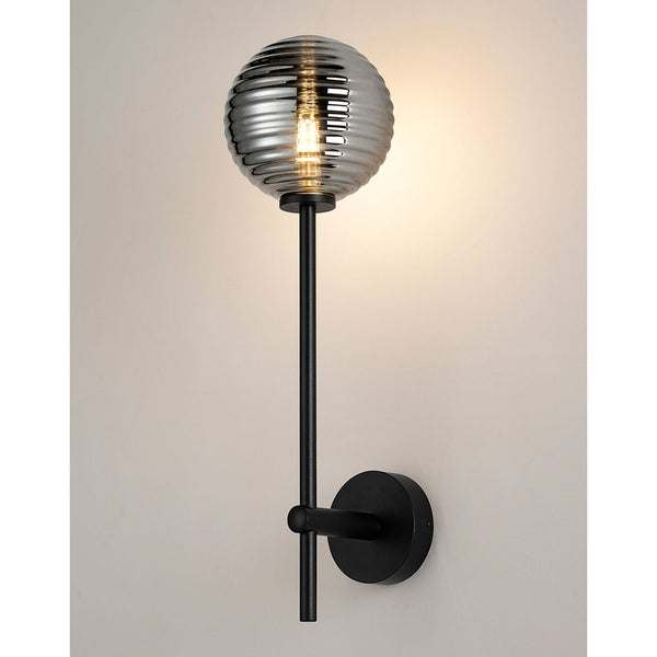 Tenterden Tall Arm IP44 Wall Light in Satin Black with Ribbed Round Smoke Glass Diffuser