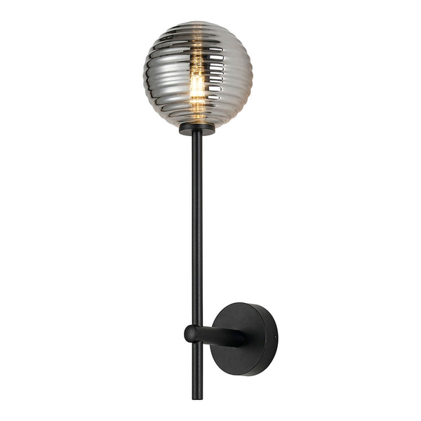 Tenterden Tall Arm IP44 Wall Light in Satin Black with Ribbed Round Smoke Glass Diffuser