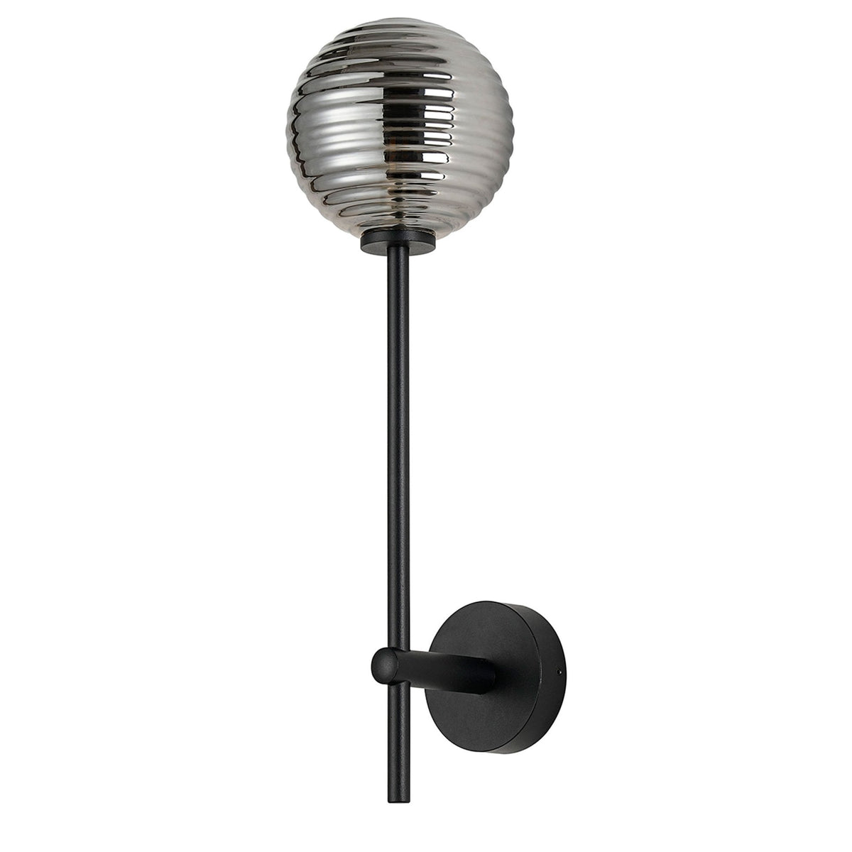 Tenterden Tall Arm IP44 Wall Light in Satin Black with Ribbed Round Smoke Glass Diffuser