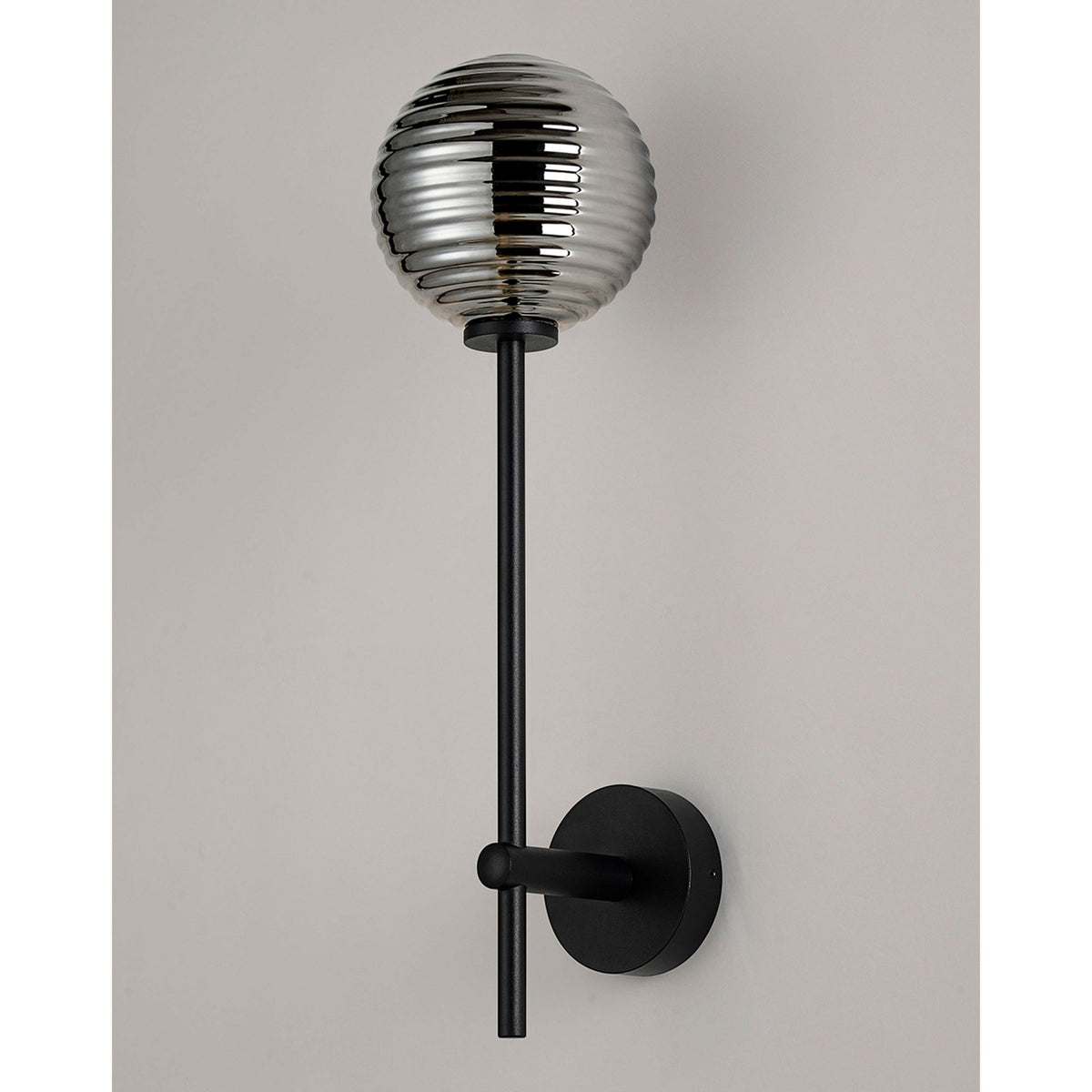 Tenterden Tall Arm IP44 Wall Light in Satin Black with Ribbed Round Smoke Glass Diffuser