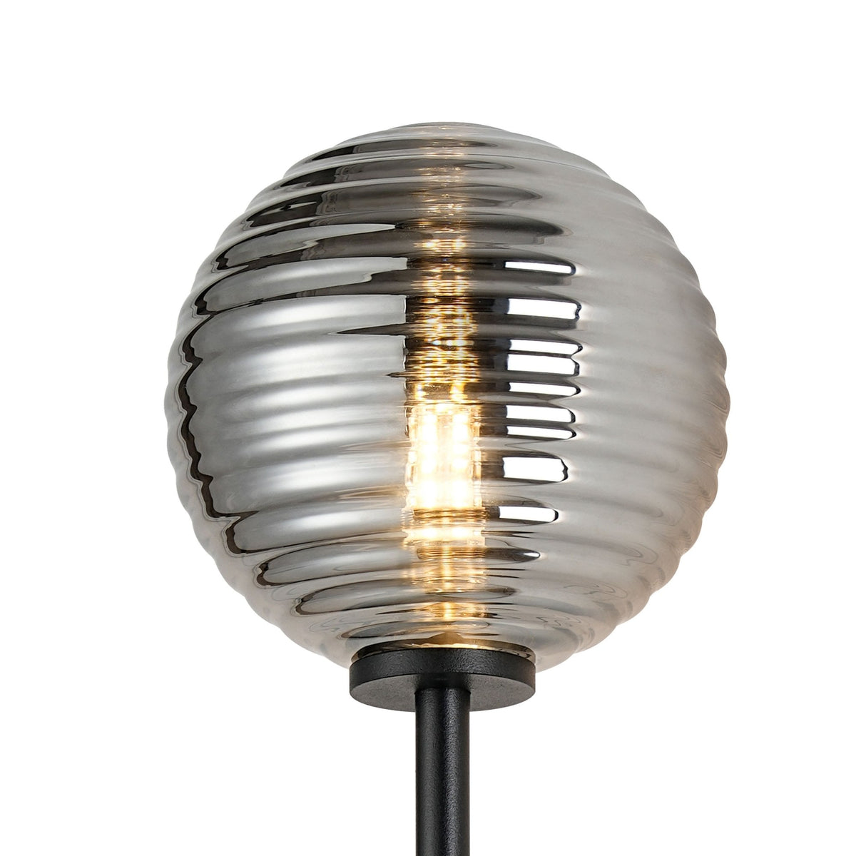 Tenterden Tall Arm IP44 Wall Light in Satin Black with Ribbed Round Smoke Glass Diffuser