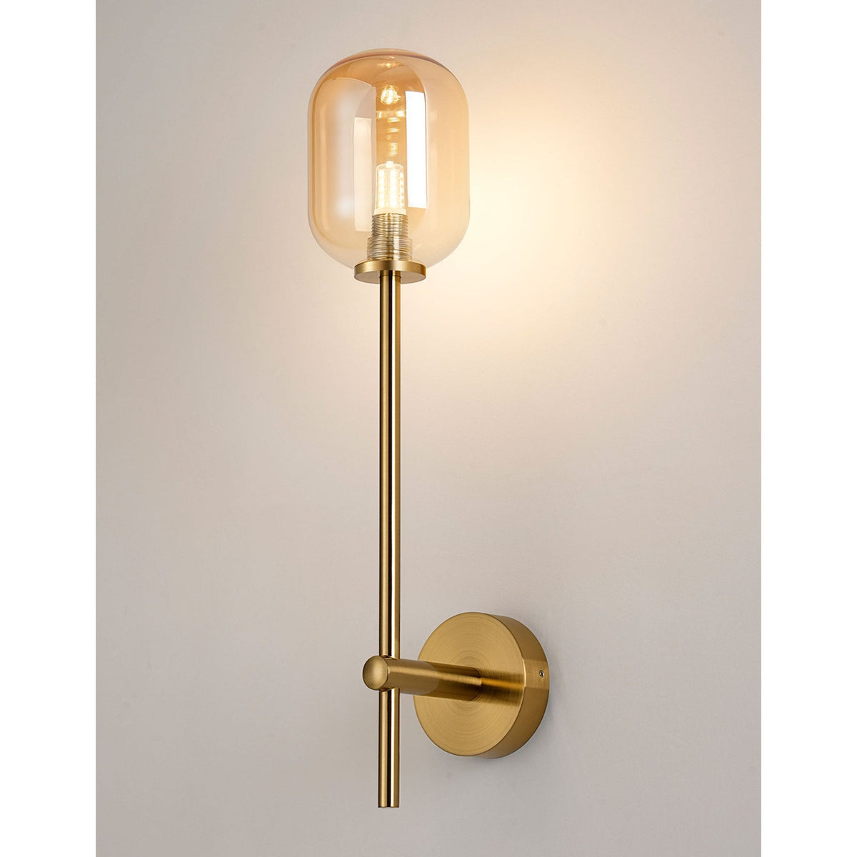 Tenterden Tall Arm IP44 Wall Light in Brass Gold with Smooth Tubular Amber Glass Diffuser