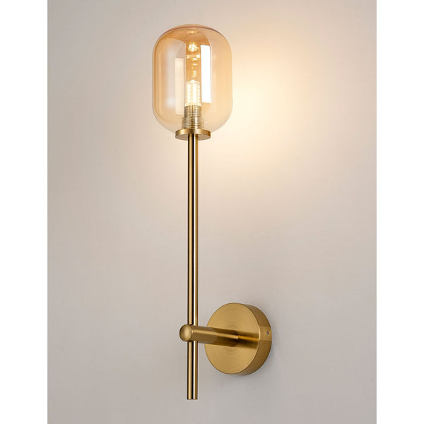 Tenterden Tall Arm IP44 Wall Light in Brass Gold with Smooth Tubular Amber Glass Diffuser