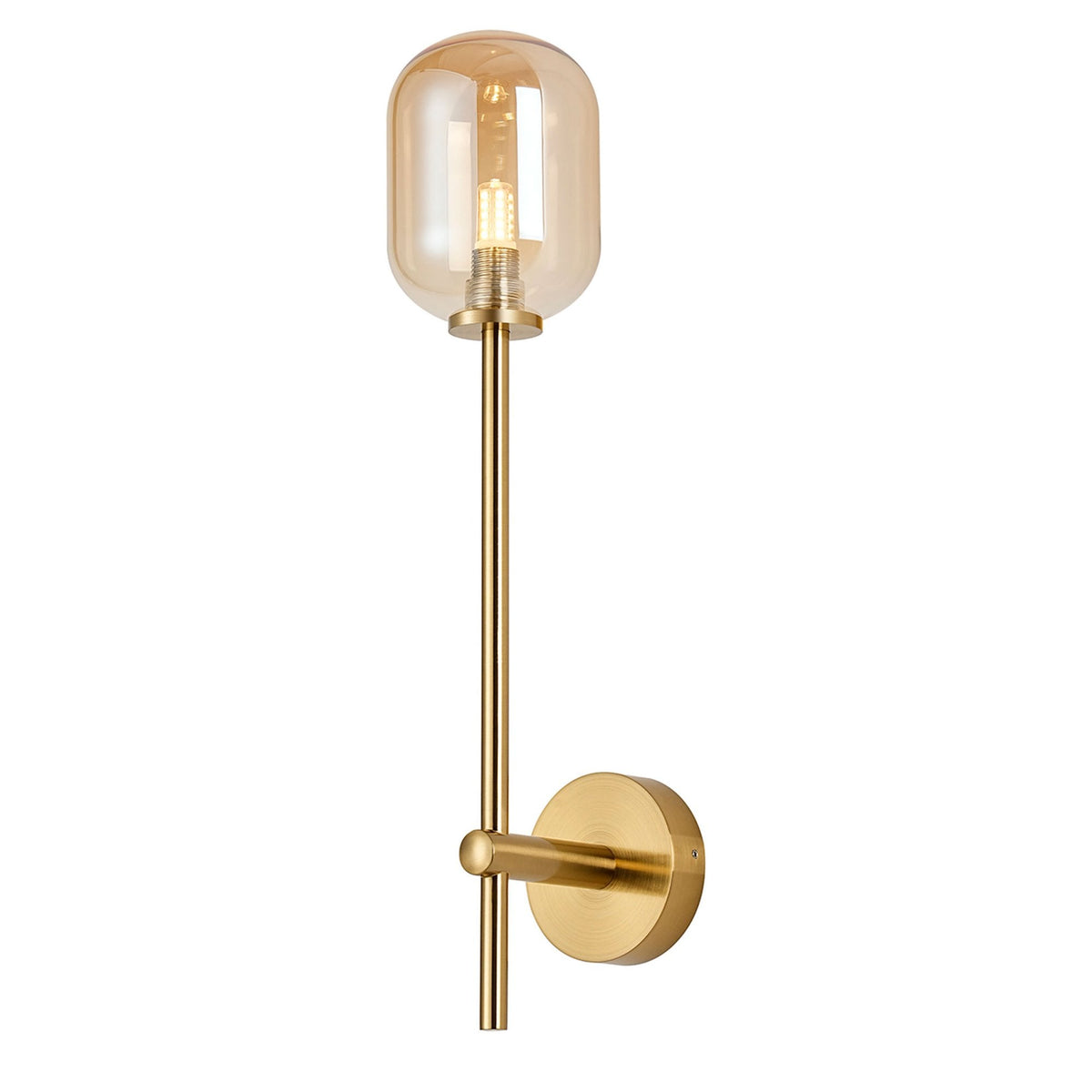 Tenterden Tall Arm IP44 Wall Light in Brass Gold with Smooth Tubular Amber Glass Diffuser