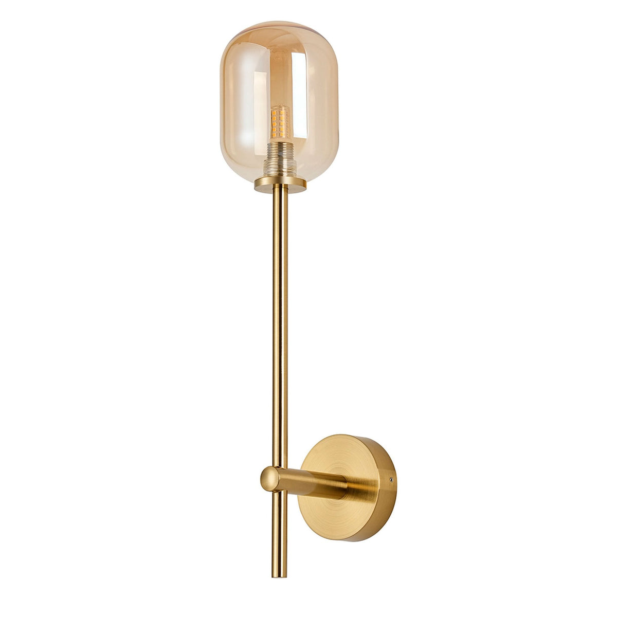 Tenterden Tall Arm IP44 Wall Light in Brass Gold with Smooth Tubular Amber Glass Diffuser