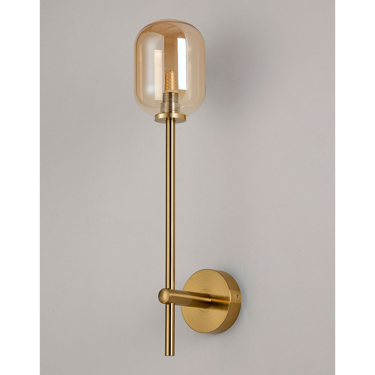 Tenterden Tall Arm IP44 Wall Light in Brass Gold with Smooth Tubular Amber Glass Diffuser