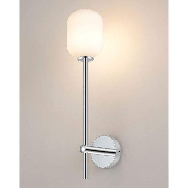 Tenterden Tall Arm IP44 Wall Light in Chrome with Smooth Tubular Opal Glass Diffuser