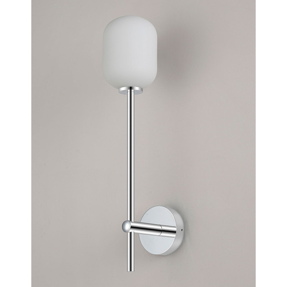 Tenterden Tall Arm IP44 Wall Light in Chrome with Smooth Tubular Opal Glass Diffuser
