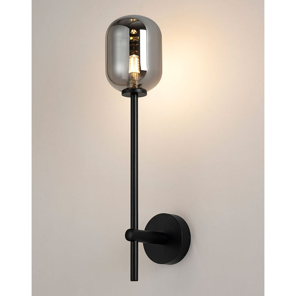 Tenterden Tall Arm IP44 Wall Light in Satin Black with Smooth Tubular Smoke Glass Diffuser