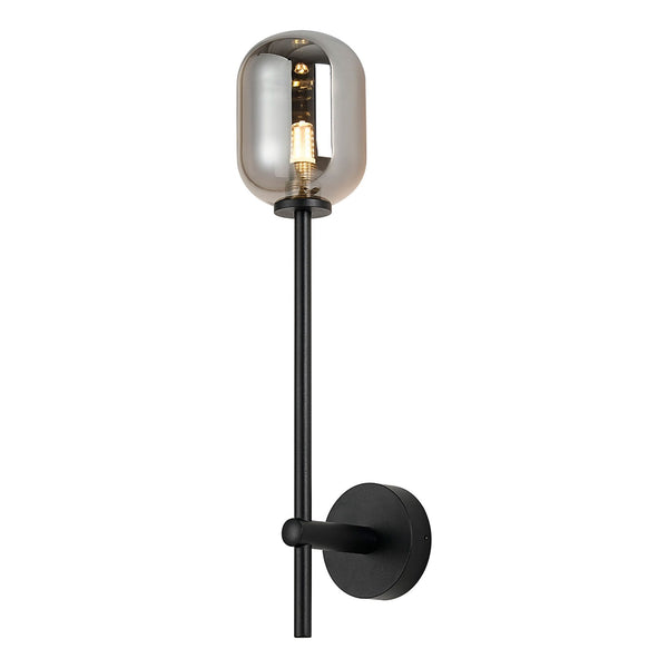 Tenterden Tall Arm IP44 Wall Light in Satin Black with Smooth Tubular Smoke Glass Diffuser