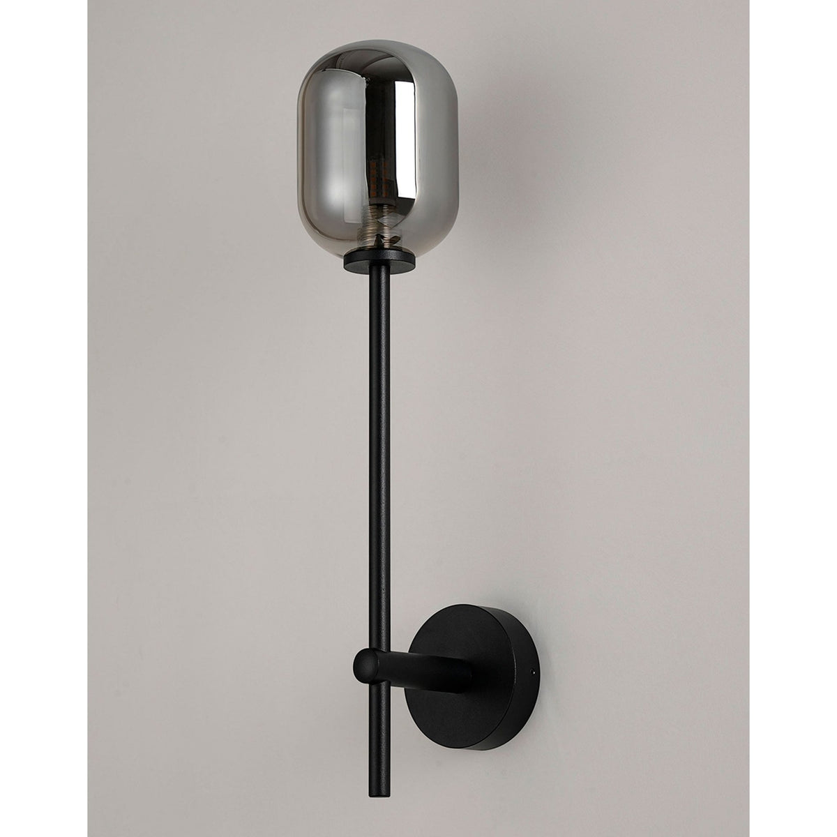 Tenterden Tall Arm IP44 Wall Light in Satin Black with Smooth Tubular Smoke Glass Diffuser
