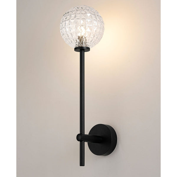 Tenterden Tall Arm IP44 Wall Light in Satin Black with Cross Pattern Round Clear Glass Diffuser