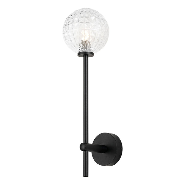 Tenterden Tall Arm IP44 Wall Light in Satin Black with Cross Pattern Round Clear Glass Diffuser