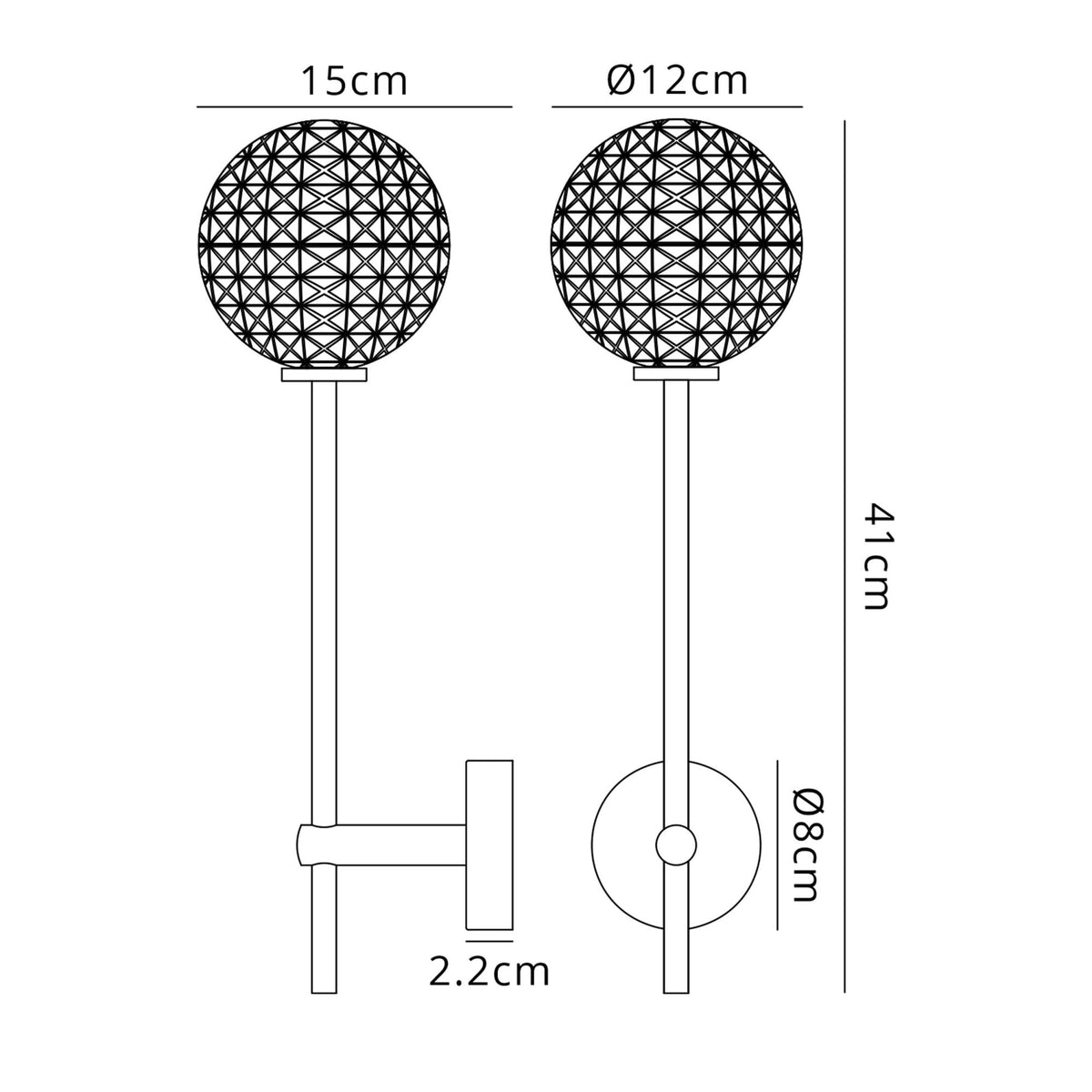 Tenterden Tall Arm IP44 Wall Light in Satin Black with Cross Pattern Round Clear Glass Diffuser