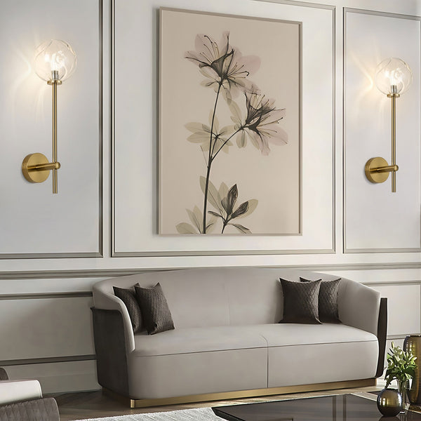 Tenterden Tall Arm IP44 Wall Light in Brass Gold with Waved Round Clear Glass Diffuser