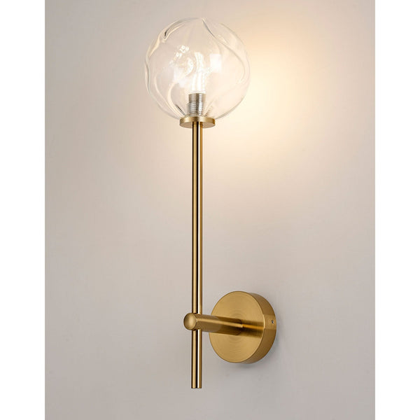 Tenterden Tall Arm IP44 Wall Light in Brass Gold with Waved Round Clear Glass Diffuser