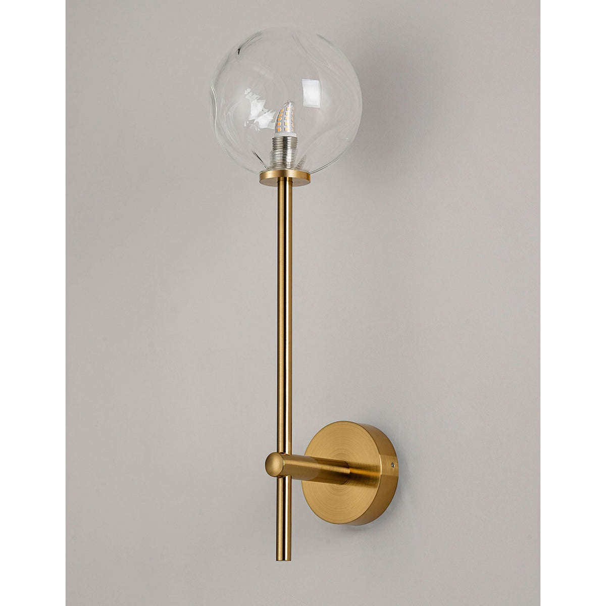 Tenterden Tall Arm IP44 Wall Light in Brass Gold with Waved Round Clear Glass Diffuser