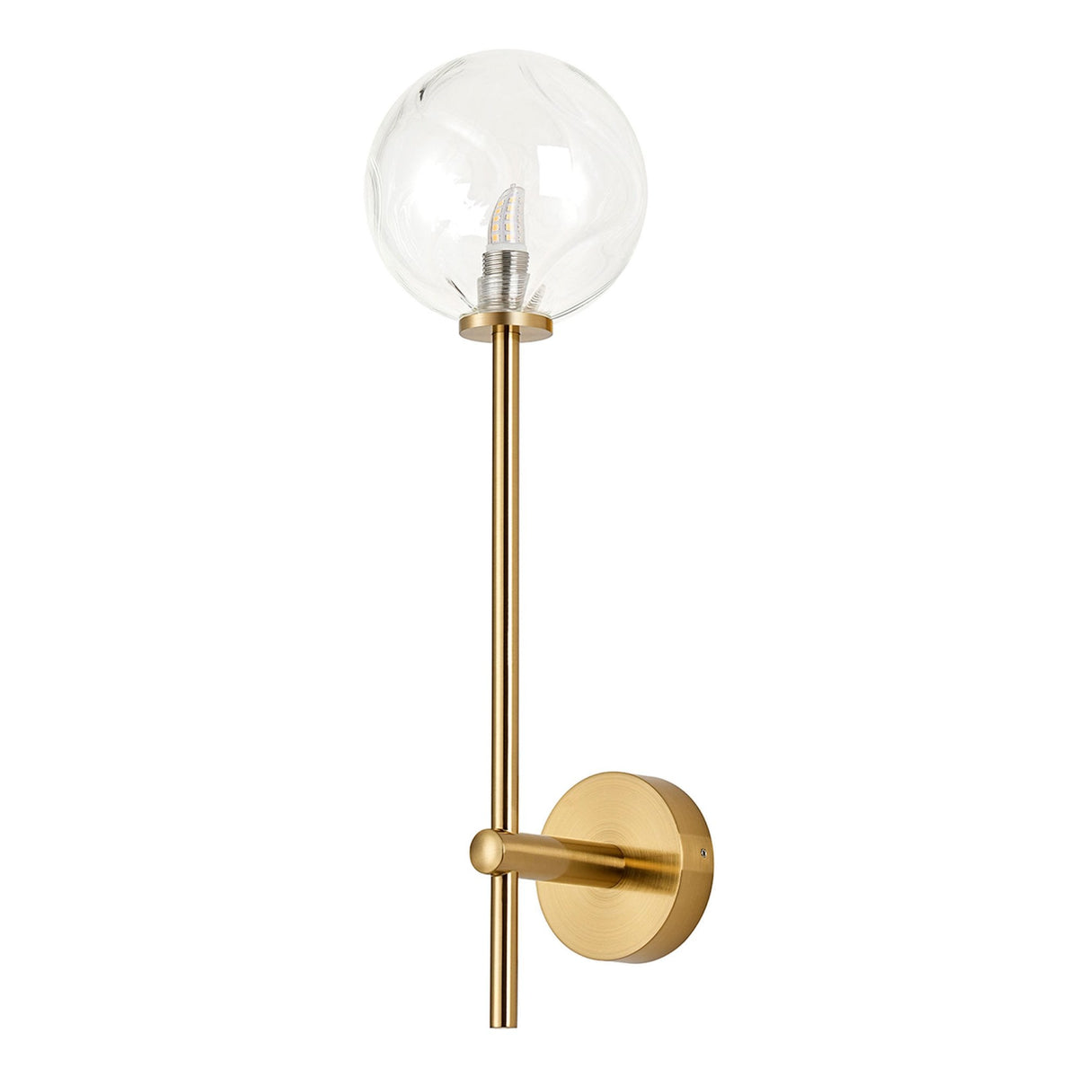 Tenterden Tall Arm IP44 Wall Light in Brass Gold with Waved Round Clear Glass Diffuser