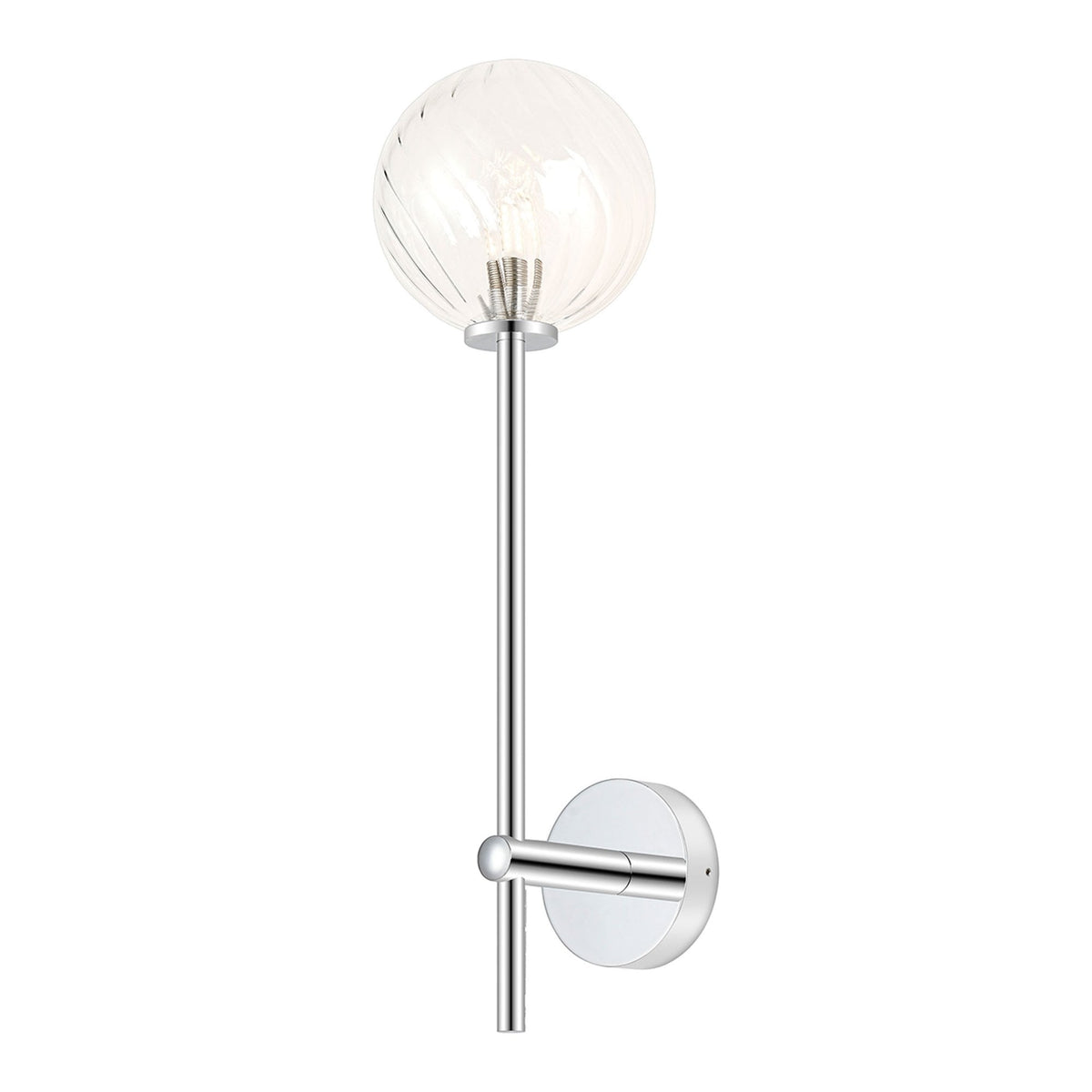 A modern wall light with a chrome stem and a spherical, swirled glass shade, casting soft light.