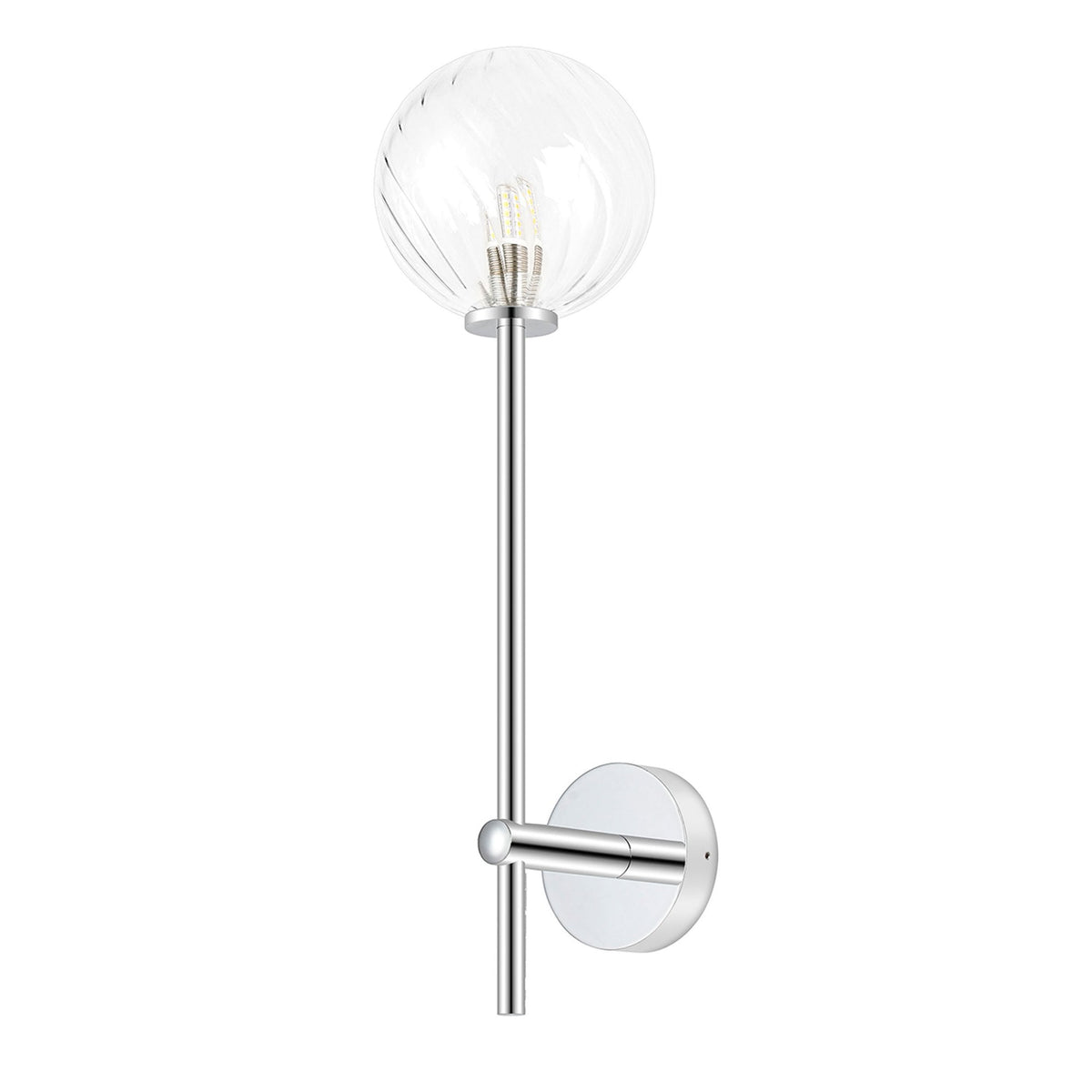 A sleek, chrome-finished wall light featuring a clear, spherical glass shade with a swirl pattern.